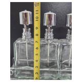 Antique Etched Glass Backbar Liquor Bottle Set w/Vintage Lucite Holder