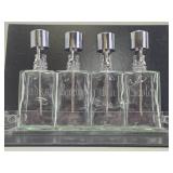 Antique Etched Glass Backbar Liquor Bottle Set w/Vintage Lucite Holder