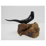 Signed JOHN PERRY Seal Sculpture on Burled Wood Base