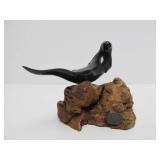 Signed JOHN PERRY Seal Sculpture on Burled Wood Base