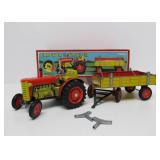 Mint in Box Tin Litho Schylling Tractor & Trailer Windup Toy