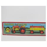 Mint in Box Tin Litho Schylling Tractor & Trailer Windup Toy