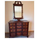 Antique Mahogany 12-Drawer Dresser with Mirror - Brass Pull Handles