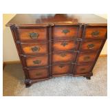 Antique Mahogany 12-Drawer Dresser with Mirror - Brass Pull Handles