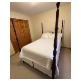 Antique Dark Wood Four-Poster Bed - Full Size with White Quilted Bedding