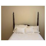 Antique Dark Wood Four-Poster Bed - Full Size with White Quilted Bedding