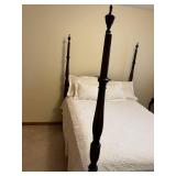 Antique Dark Wood Four-Poster Bed - Full Size with White Quilted Bedding