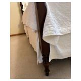 Antique Dark Wood Four-Poster Bed - Full Size with White Quilted Bedding