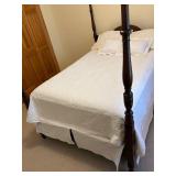 Antique Dark Wood Four-Poster Bed - Full Size with White Quilted Bedding