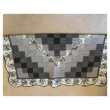 Full-size Gray-Scale Patchwork Quilt Throw - Floral Border, Scalloped Edge