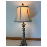 Ornate Carved Pedestal Table Lamp - Beige Fabric Shade, Bronze Finish