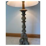 Ornate Carved Pedestal Table Lamp - Beige Fabric Shade, Bronze Finish