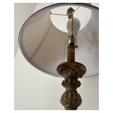 Ornate Carved Pedestal Table Lamp - Beige Fabric Shade, Bronze Finish