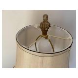 Ornate Carved Pedestal Table Lamp - Beige Fabric Shade, Bronze Finish