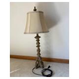 Ornate Carved Pedestal Table Lamp - Beige Fabric Shade, Bronze Finish