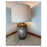 Ceramic Table Lamp with Linen Drum Shade - Rustic Glazed Finish 1 Light