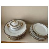 Imperial H & Co. Selb Bavaria White Porcelain Dinnerware with Gold Rim & Black Bead Border