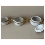 Imperial H & Co. Selb Bavaria White Porcelain Dinnerware with Gold Rim & Black Bead Border