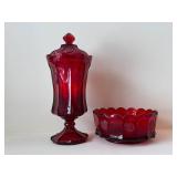 Ruby Red Vintage Fostoria Coin Glass Covered Compote with Pedestal & Matching Scalloped Bowl (2-Piece Set)