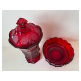 Ruby Red Vintage Fostoria Coin Glass Covered Compote with Pedestal & Matching Scalloped Bowl (2-Piece Set)