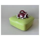Green Jadeite Ceramic Trinket Box with Lid - Burgundy Floral Top