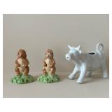 Pair of Brown Ceramic Bunny Figurines on Grass Bases & White Cow Planter