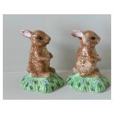 Pair of Brown Ceramic Bunny Figurines on Grass Bases & White Cow Planter