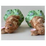 Pair of Brown Ceramic Bunny Figurines on Grass Bases & White Cow Planter