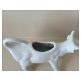 Pair of Brown Ceramic Bunny Figurines on Grass Bases & White Cow Planter