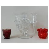 Crystal 3-Arm Candelabra with Burgundy Glass Vase & Red Hobnail Vase