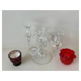 Crystal 3-Arm Candelabra with Burgundy Glass Vase & Red Hobnail Vase