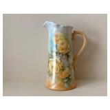 Porcelain Pitcher with Hand-Painted Yellow Roses - Pale Blue Gradient, Peach Handle