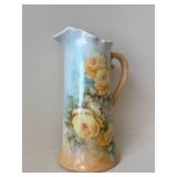 Porcelain Pitcher with Hand-Painted Yellow Roses - Pale Blue Gradient, Peach Handle