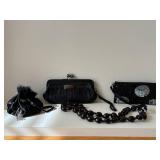 Fossil Kiss-Lock Clutch - Beaded Evening Clutch - Velvet Drawstring Pouch - Black Bead Necklace