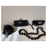 Fossil Kiss-Lock Clutch - Beaded Evening Clutch - Velvet Drawstring Pouch - Black Bead Necklace