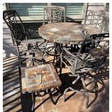 Round Mosaic Tile Outdoor Table with 4 Iron Chairs & Cushions