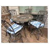 Round Mosaic Tile Outdoor Table with 4 Iron Chairs & Cushions