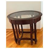 Wood Oval End Table with Glass Top - Dark Cherry Finish, Turned Legs