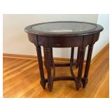 Wood Oval End Table with Glass Top - Dark Cherry Finish, Turned Legs