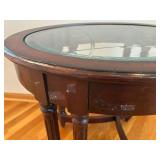 Wood Oval End Table with Glass Top - Dark Cherry Finish, Turned Legs