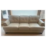 Cream-colored Leather 3-Seater Sofa - Tufted Back Cushions