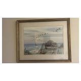 Framed Seascape Print - Geese in Flight Over Shoreline