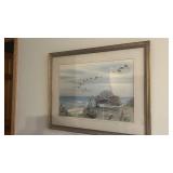 Framed Seascape Print - Geese in Flight Over Shoreline