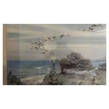 Framed Seascape Print - Geese in Flight Over Shoreline