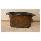Antique Copper Wash Tub with Wooden Handles - Large Oval Metal Basin, Vintage Farmhouse Decor