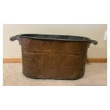 Antique Copper Wash Tub with Wooden Handles - Large Oval Metal Basin, Vintage Farmhouse Decor