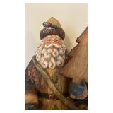 Hand-Carved Santa Figurine with Pine Tree - Rustic Bark-Textured Wood Sculpture