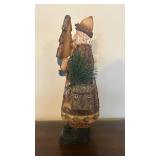 Hand-Carved Santa Figurine with Pine Tree - Rustic Bark-Textured Wood Sculpture