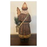 Hand-Carved Santa Figurine with Pine Tree - Rustic Bark-Textured Wood Sculpture