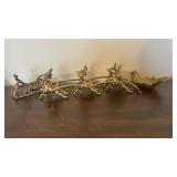 Antique Brass Reindeer Sleigh Sculpture with Ornate Scrollwork - 3 Deer